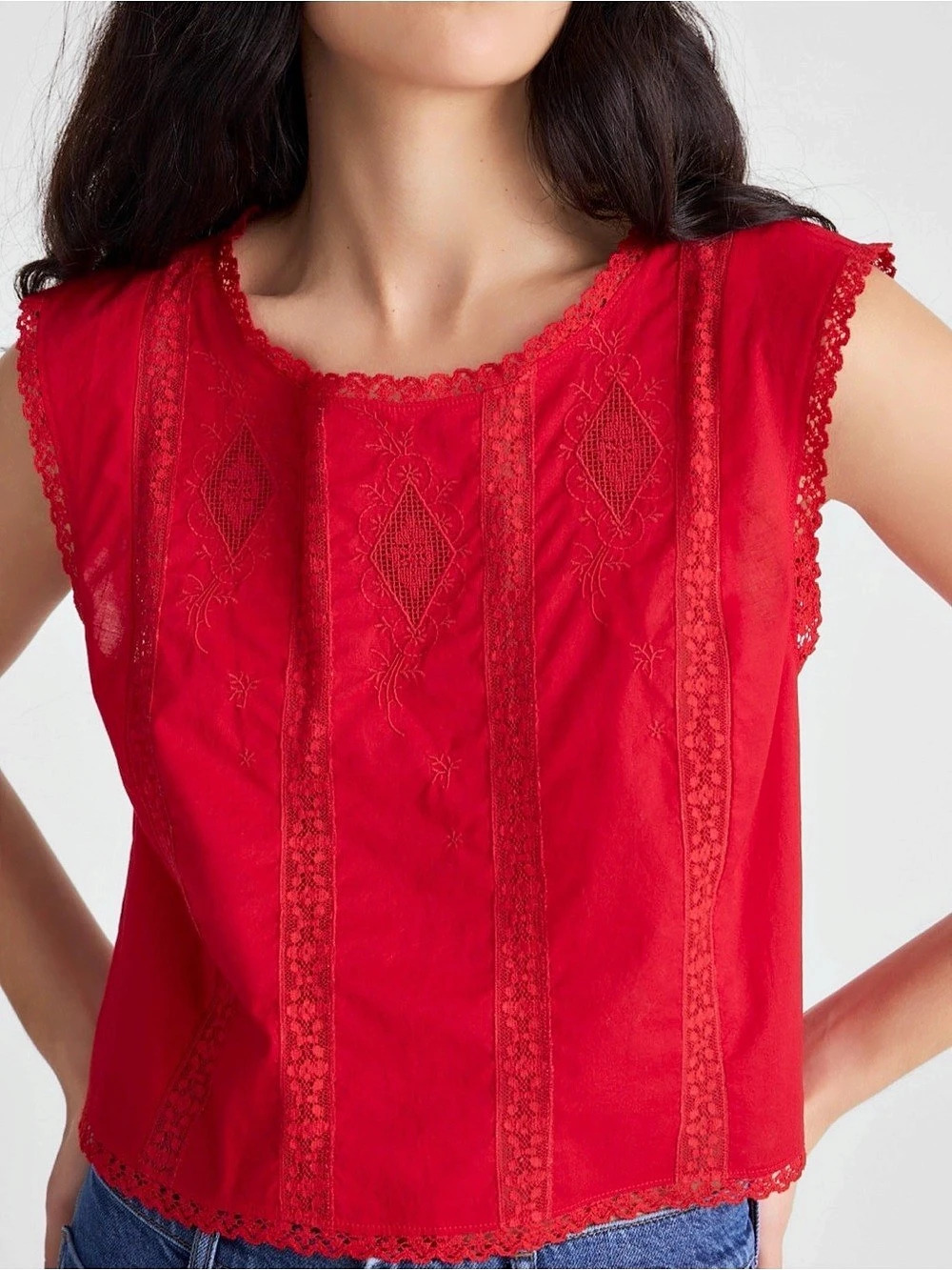 Madewell Embroidered Lace-Insert Red Top Sz L NWT $88